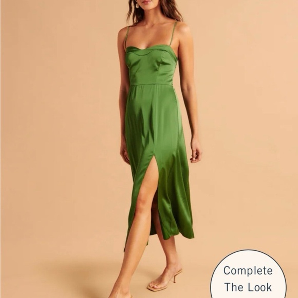 WOMENS ABERCROMBIE HIGH SLIT GREEN SATIN MAXI MIDI DRESS (L)